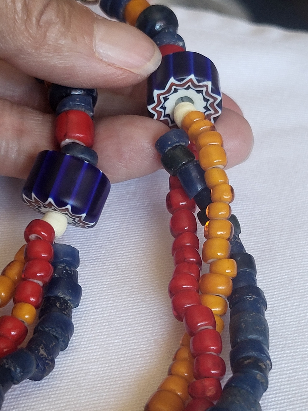 Vintage Handmade Crafted Multistrand Beaded Necklace in Blue, Red & Orange